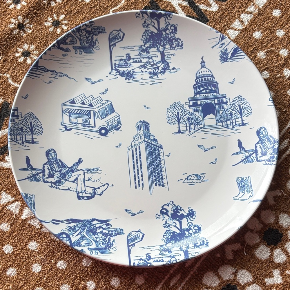 Kate Kime Austin Toile  Pattern Blue and White Illustrated Melamine Dining Plate